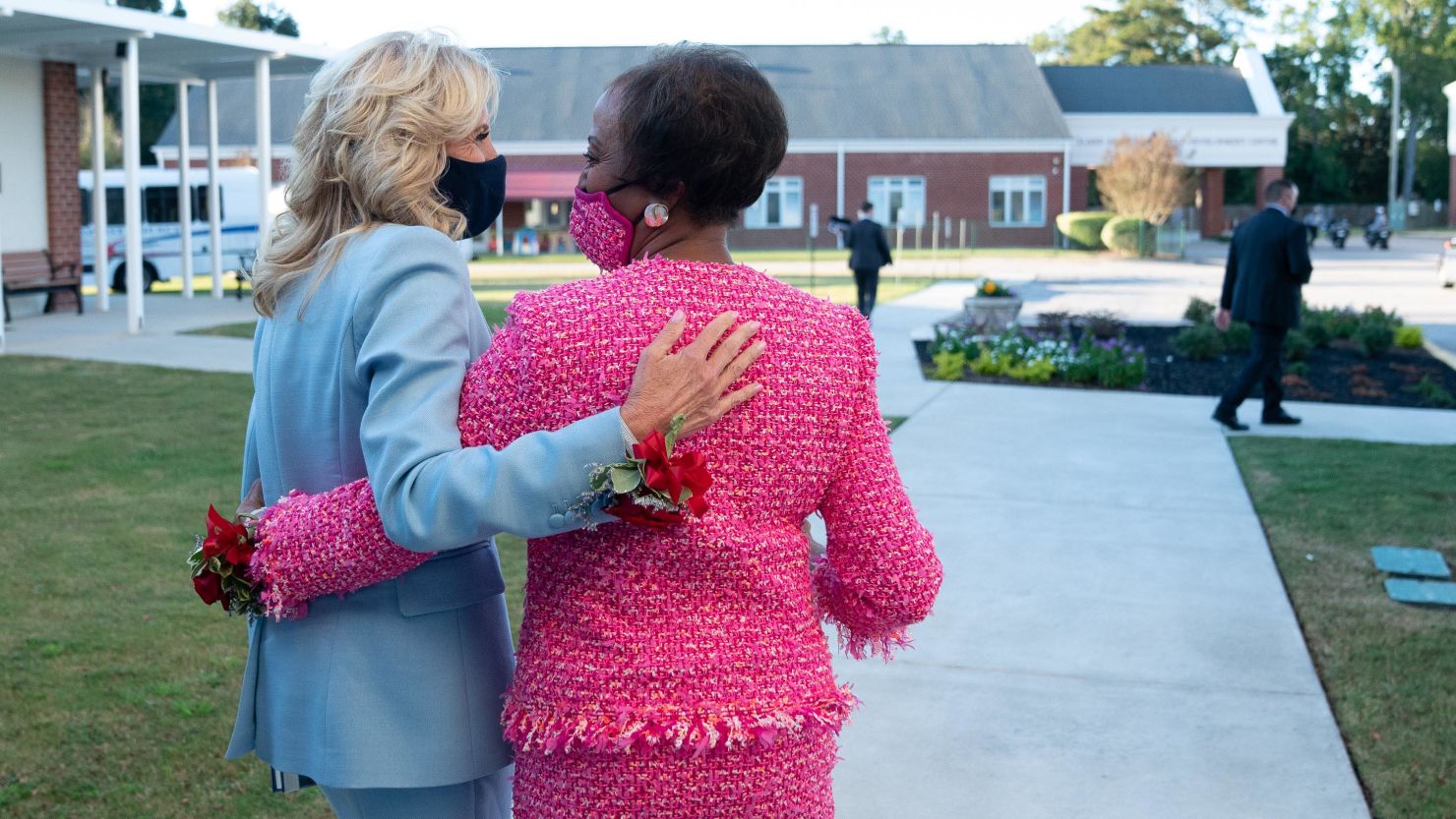 First Lady Jill Biden walks with Robin Jackson, her prayer partner, at a 50th anniversary celebration for the Rev. Charles B. Jackson at Brookland Baptist Church in Columbia, South Carolina, on Sunday. (Official White House Photo by Erin Scott)