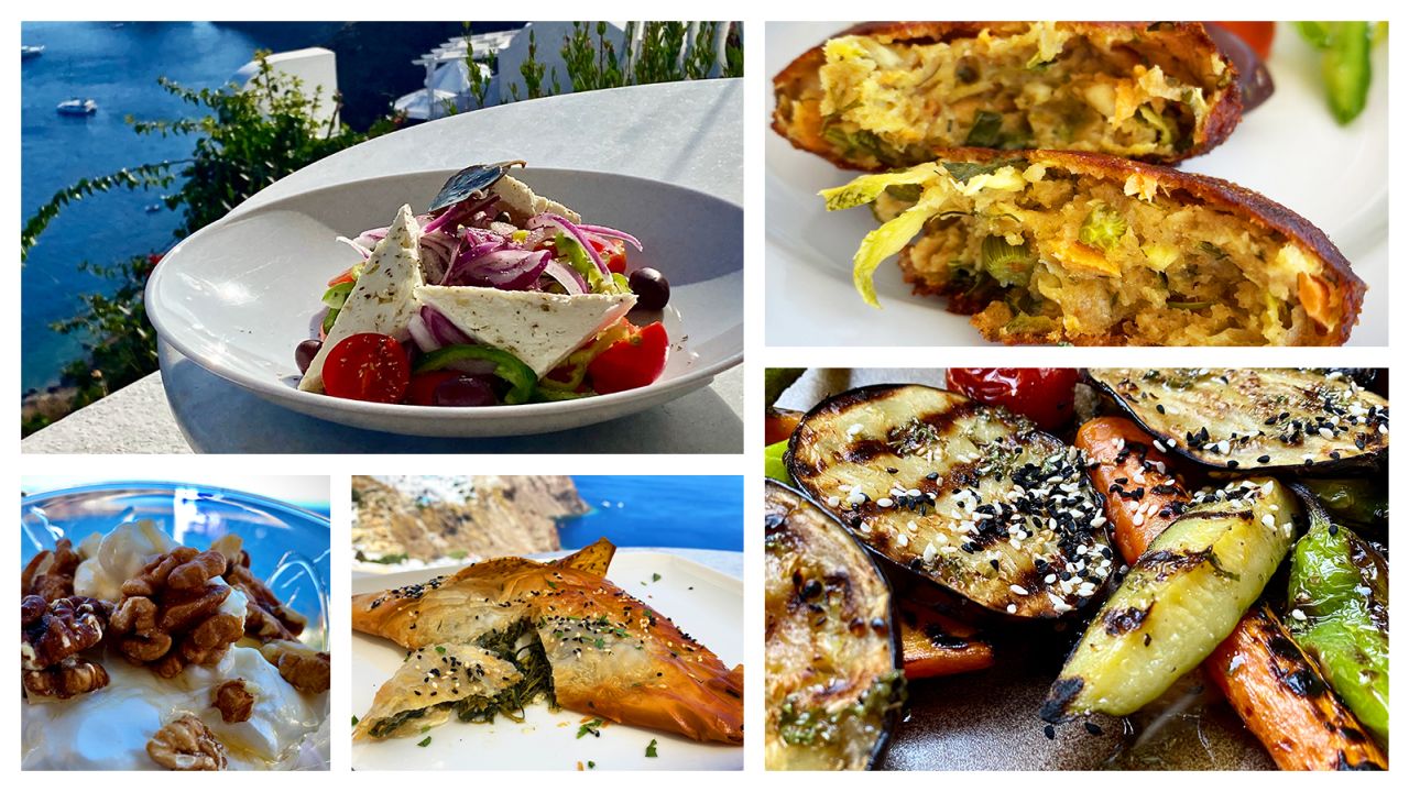 Here's a feast of Greek dishes with a stunning view of the cliffs of Santorini: (clockwise from top left) horiatiki, zucchini fritters, grilled vegetables, spanakopita and Greek yogurt.