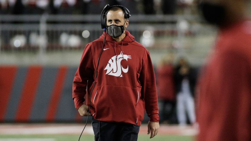 Washington State head coach Nick Rolovich walks along the sldeline during the second half of an NCAA college football game against Stanford, Saturday, Oct. 16, 2021, in Pullman, Wash.(AP Photo/Young Kwak)
