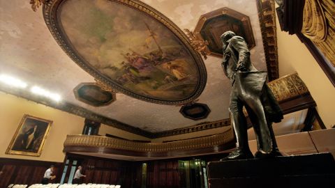 In this July 14, 2010 photo, a statue of Thomas Jefferson stands in New York's City Hall Council Chamber.