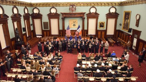 A statute of Thomas Jefferson is seen on the left in New York City Council chambers as Mayor Bill de Blasio conducted business in the room.