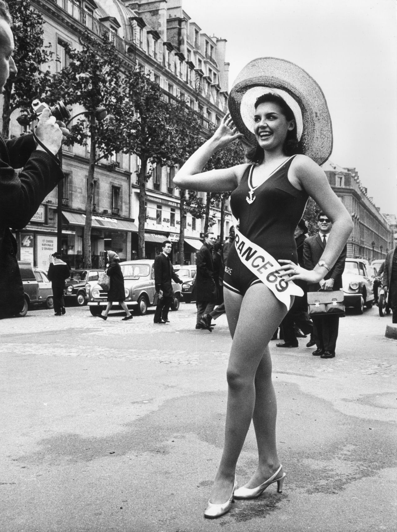 Suzanne Angly, Miss France 1969, posing in a bathing suit. The competition began in 1920.