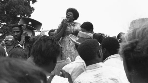 Fannie Lou Hamer speaks to Mississippi Freedom Democratic Party supporters in Washington, DC, in 1965.