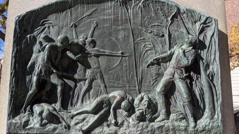 A plaque on the base of the John R. Monaghan monument in Spokane, Washington, depicts Samoans as primitive.