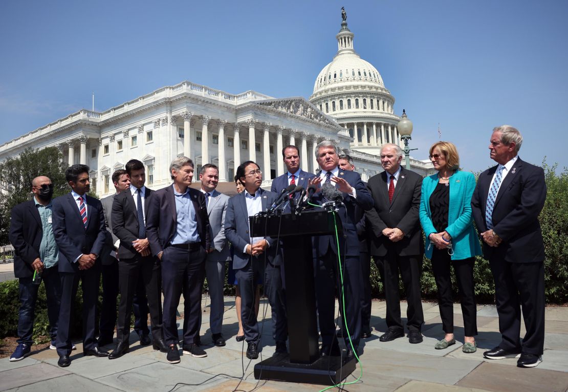 Rep. Michael McCaul (R-TX), joined by a bipartisan group of lawmakers, speaks at a news conference on the ongoing Afghanistan evacuations, at the US Capitol on August 25, 2021 in Washington, DC. 