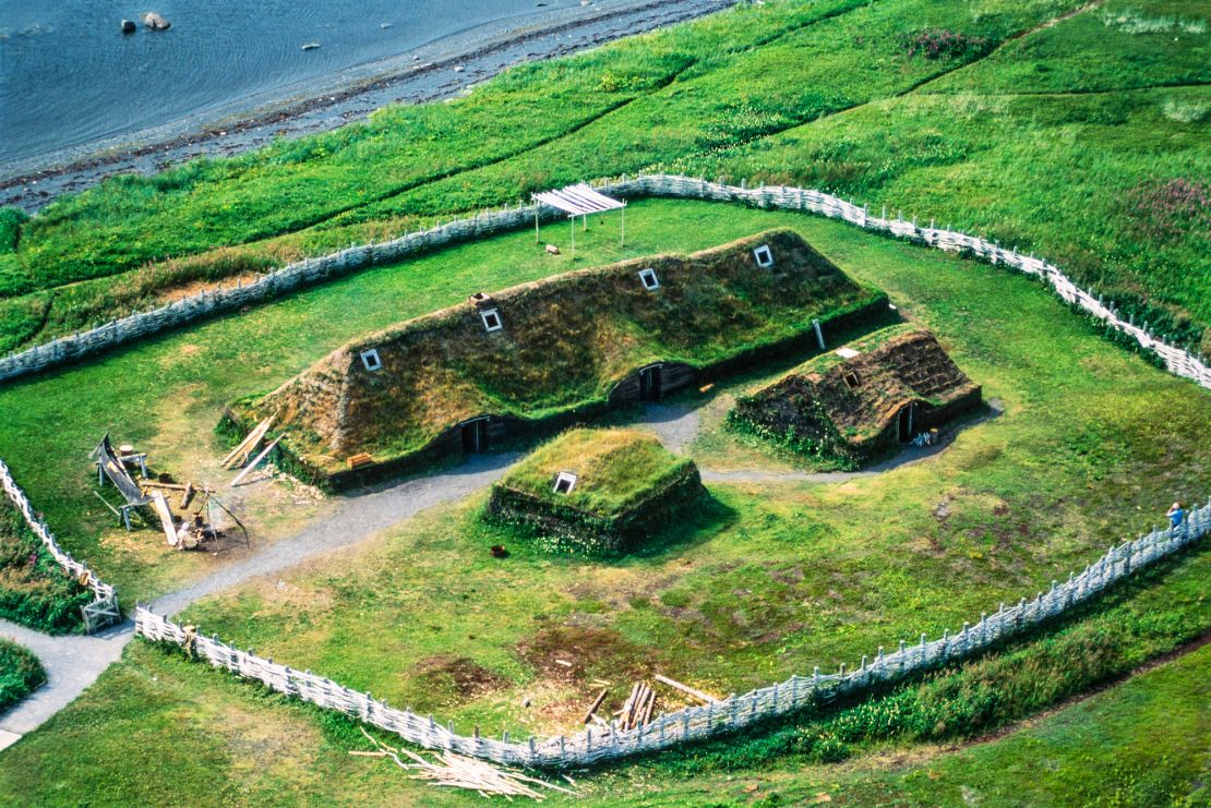 This aerial view shows reconstructed buildings near L'Anse aux Meadows.