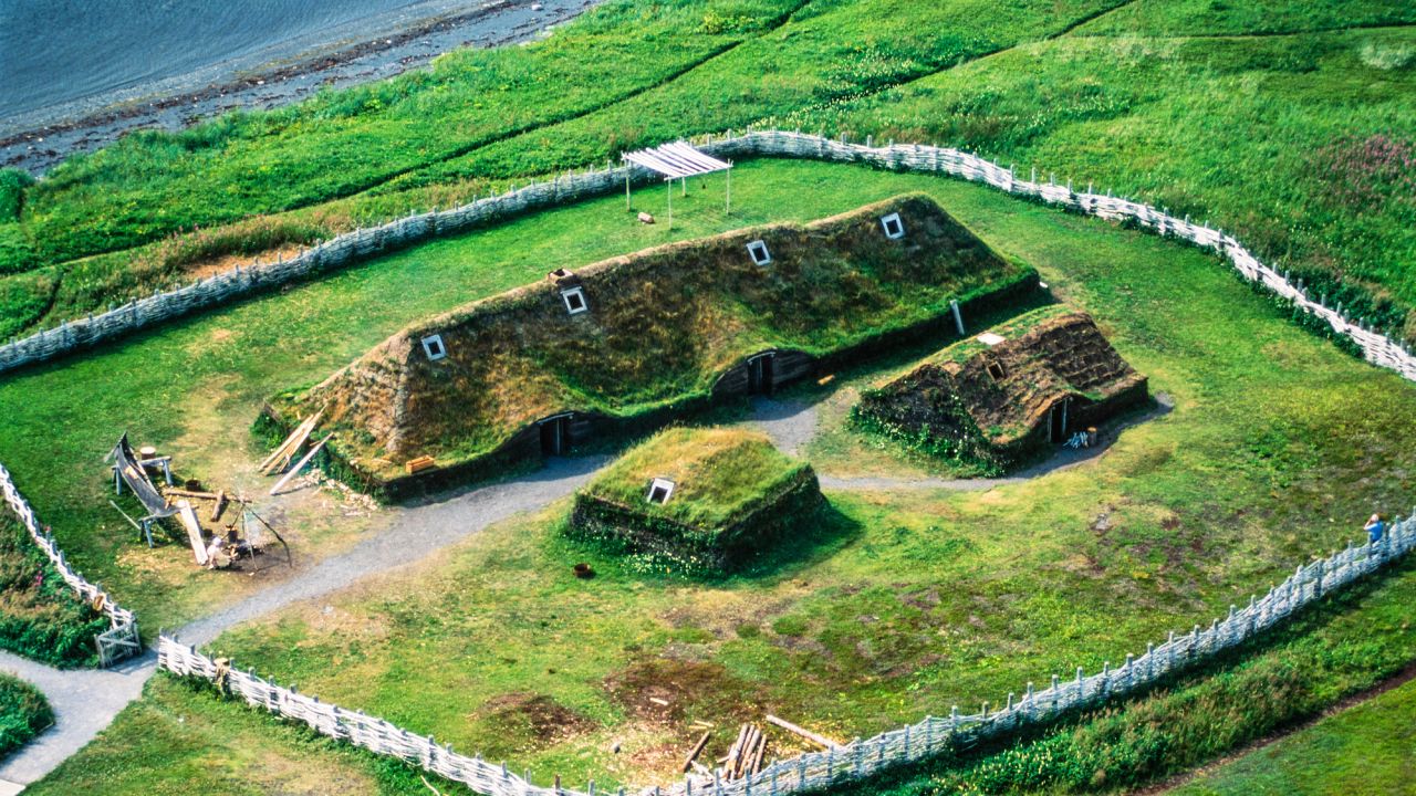 This aerial view shows reconstructed buildings near L'Anse aux Meadows.