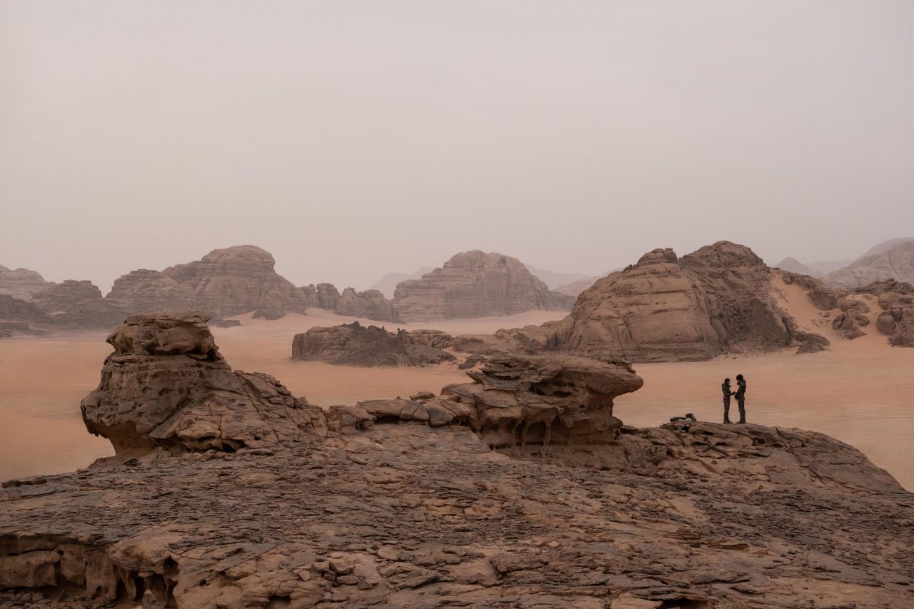 Rebecca Ferguson as Lady Jessica Atreides and Timothé Chalamet as Paul Atreides in "Dune." The production shot desert sequences on location in Jordan and the UAE.