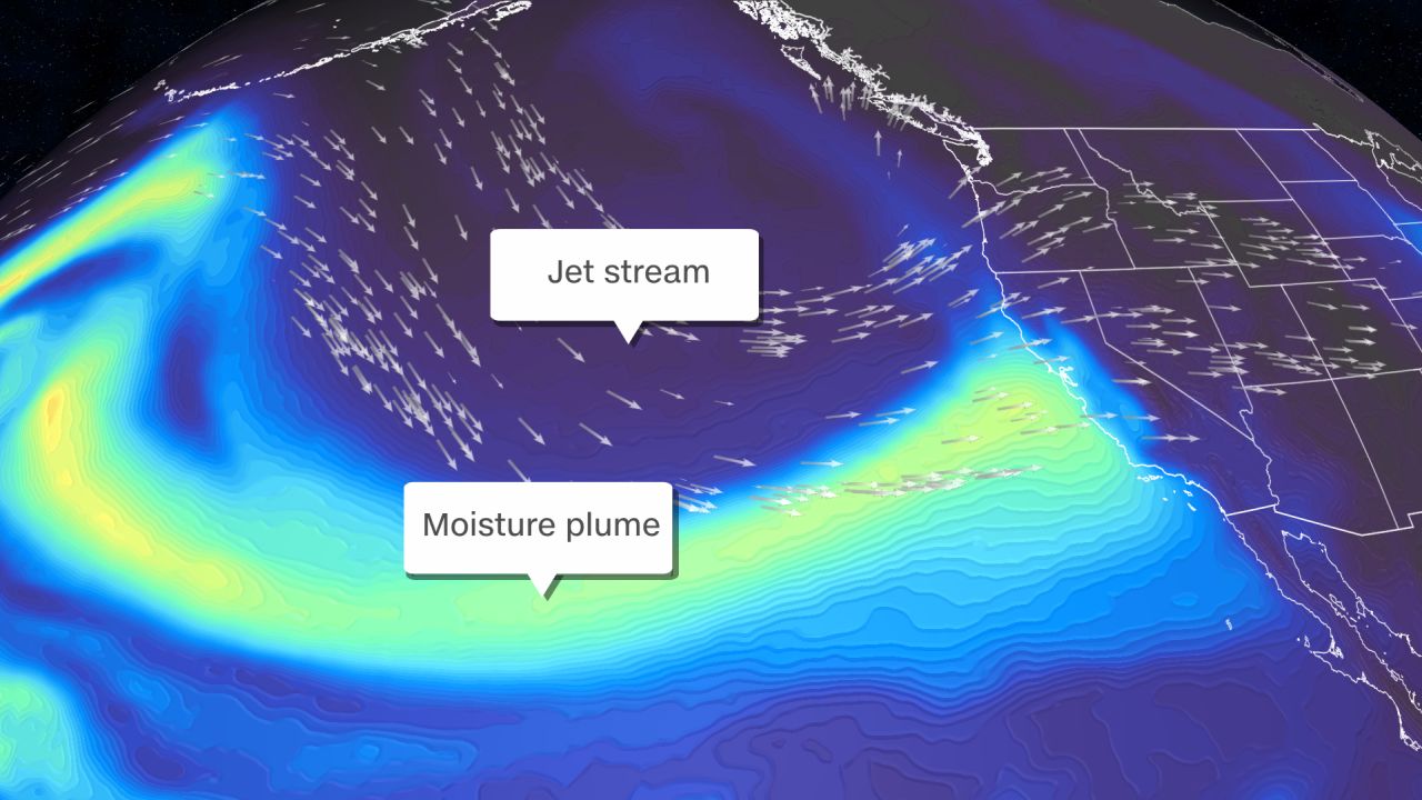 A forecast comuter model shows a plume of water called an atmopsheric river impacting California on Sunday. 