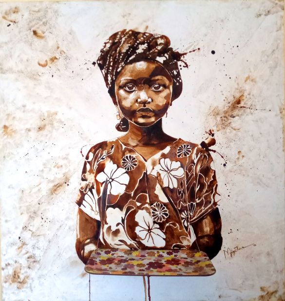 After accidentally spilling some coffee on his notebook several years ago, Nigerian visual artist Ekene Ngige began painting with the beverage. Titled "A Cup of Truce," this piece is created from coffee and an installed plastic tray on canvas.
