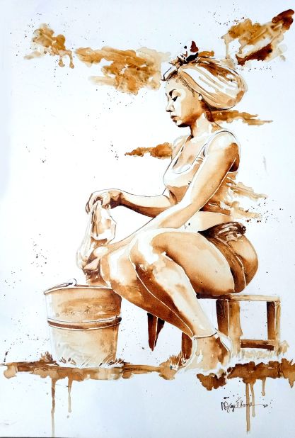 Ngige mixes coffee grounds with water, creating a jelly-like paste that allows him to paint with it -- sketching with a pencil first and then layering it with different shades of his coffee mixtures.