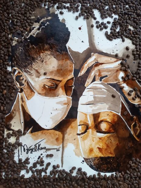 "Till Death Do Us Part" depicts two people wearing masks during the pandemic and features a blend of painted coffee and beans.