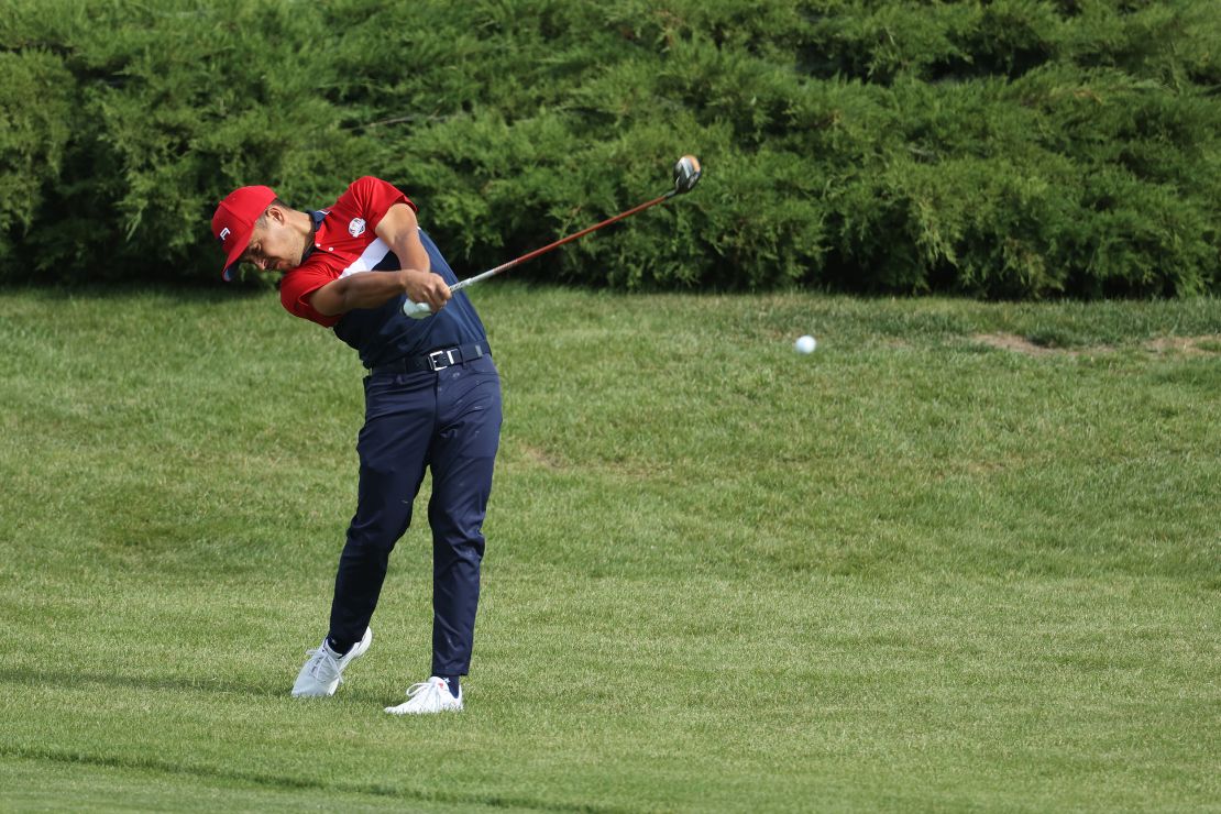 Schauffele plays his second shot on the second hole during Sunday's singles matches of the 43rd Ryder Cup.