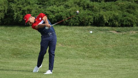 Schauffele plays his second shot on the second hole during Sunday's singles matches of the 43rd Ryder Cup.
