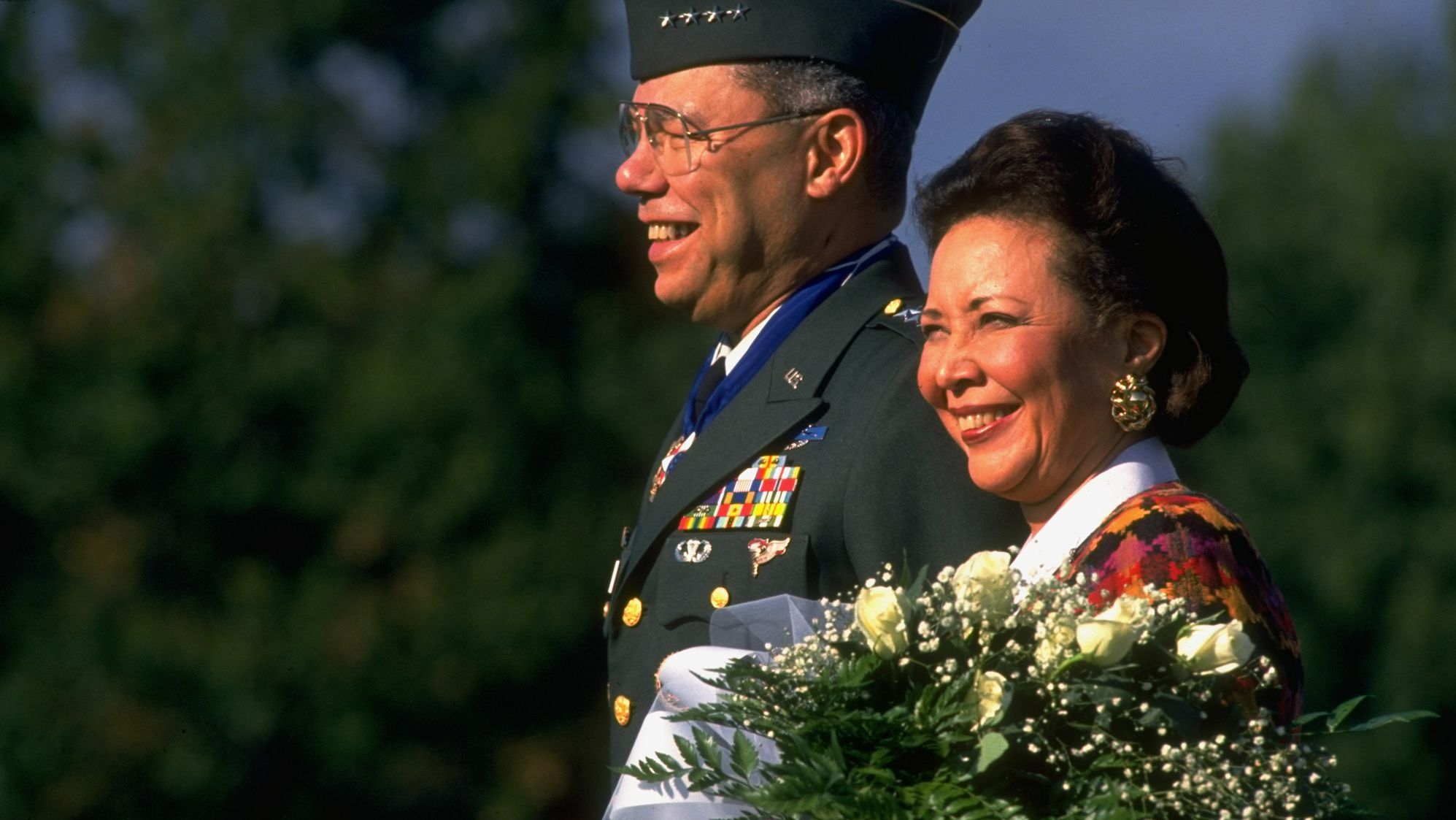 Colin Powell and his wife, Alma Powell, during his farewell as chairman of Joints Chief of Staff in September 1993.