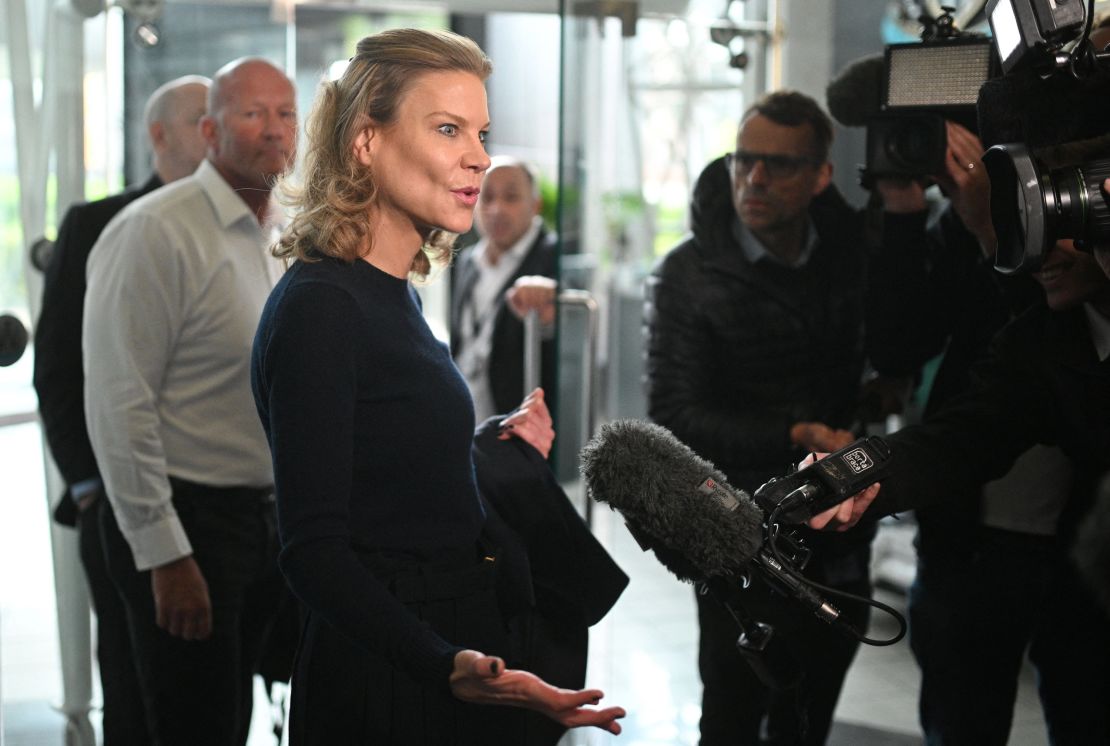 Newcastle co-owner Amanda Staveley talks to the media as she leaves the foyer of St. James' Park.
