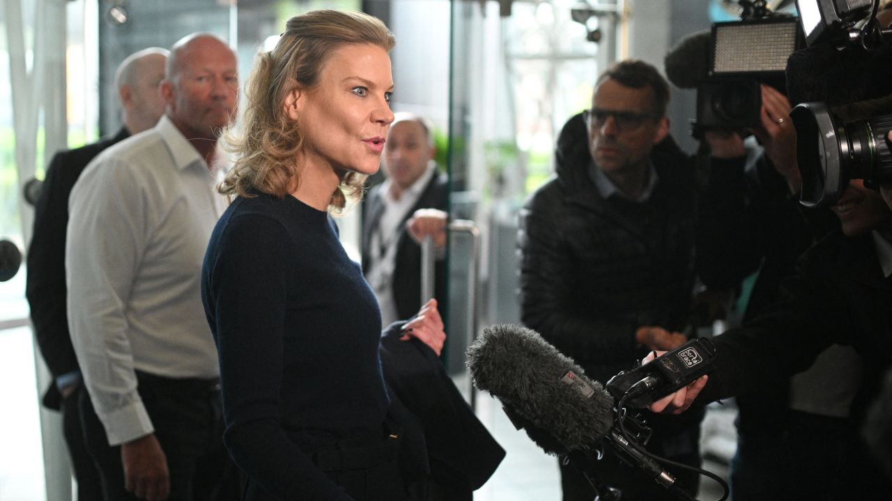 Newcastle co-owner Amanda Staveley talks to the media as she leaves the foyer of St. James' Park.