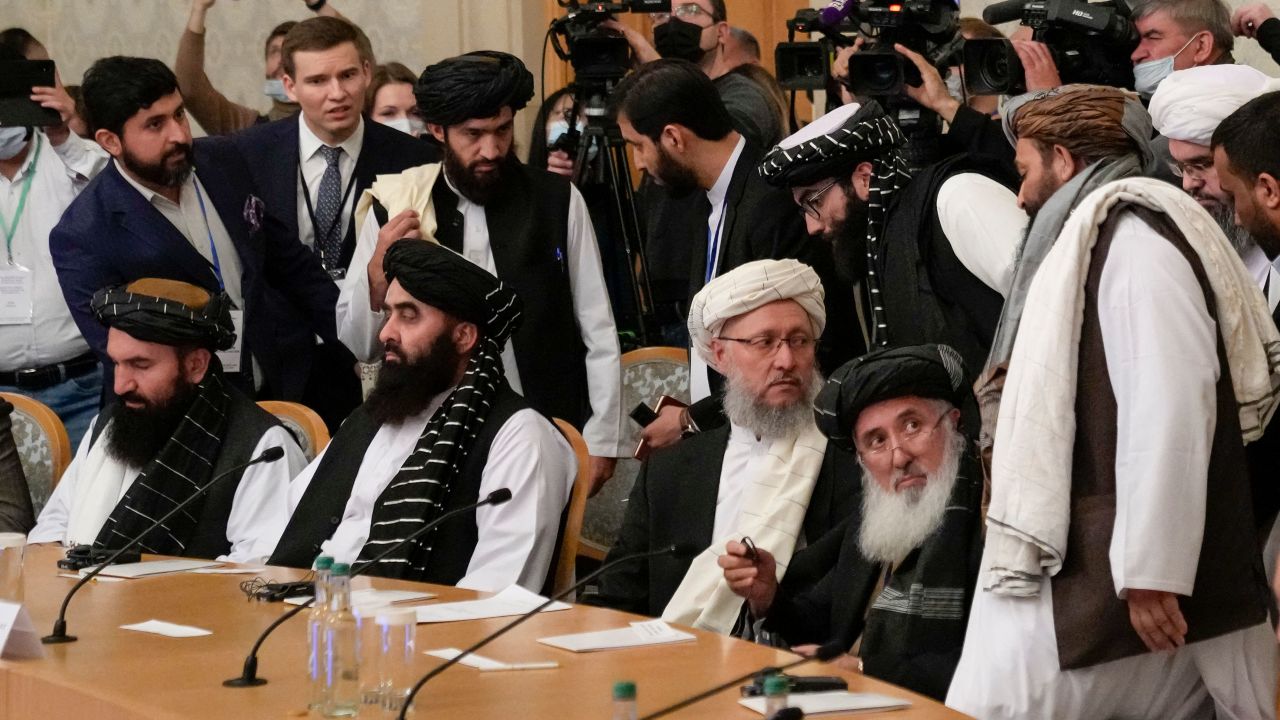 Deputy Prime Minister of Afghanistan's interim government Abdul Salam Hanafi (center) and members of the Taliban delegation attend an international conference on Afghanistan in Moscow on Wednesday.