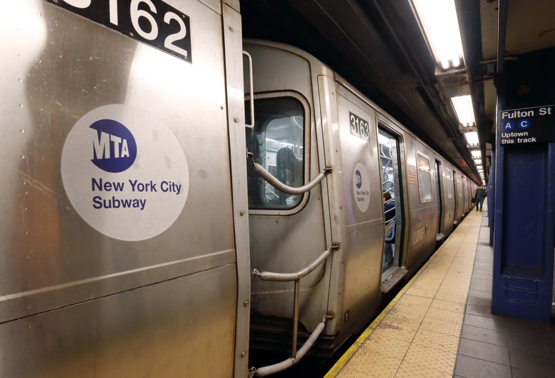 A New York subway train waits to depart the Fulton St. station on June 16, 2021.