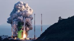 The Nuri rocket, the first domestically produced space rocket, lifts off from a launch pad at the Naro Space Center in Goheung, South Korea, Thursday, Oct. 21, 2021. (Korea Pool/Yonhap via AP)