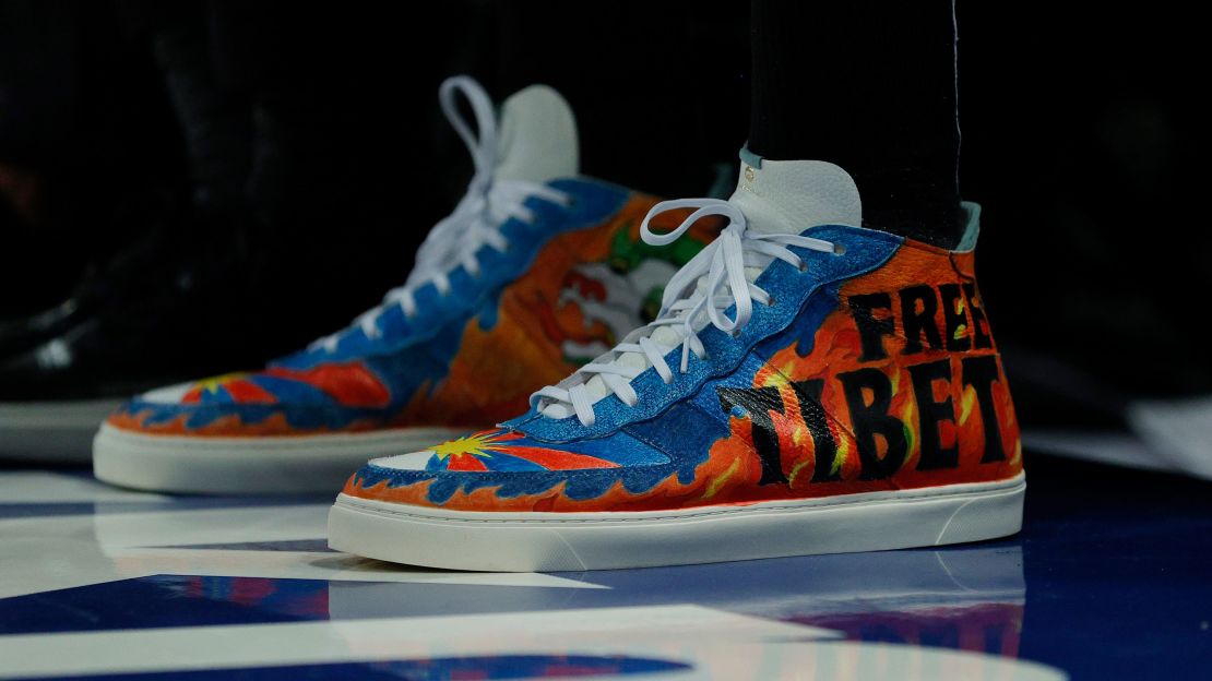 "Free Tibet" on the shoes worn by Enes Kanter at Madison Square Garden in New York on October 20.