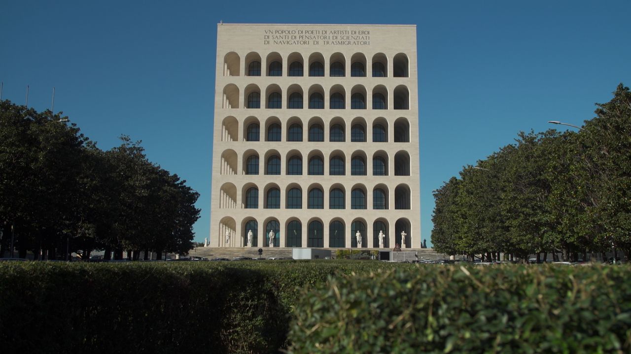 The Mussolini-commissioned building Palazzo della Civiltà Italiana is the centerpiece of Mussolini's Esposizione Universale Roma neighborhood and remains a symbol of the country's fascist era. 