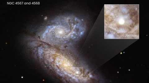Astronomers watched a star explode in a supernova inside the interacting Butterfly Galaxies, 60 million light-years away, using the Hubble Space Telescope and other observatories.