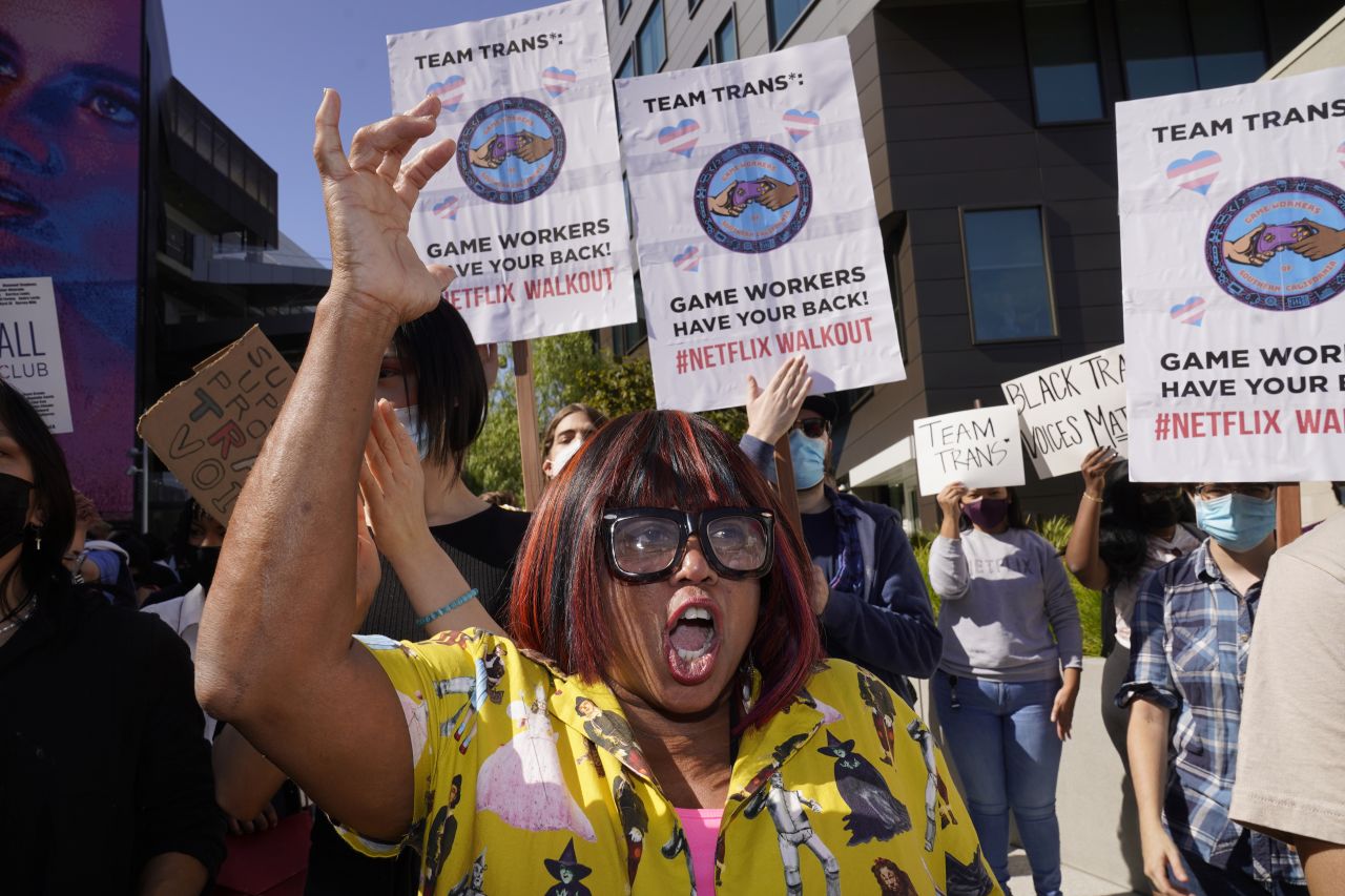 Producer Cheryl Rich joins <a href="https://www.cnn.com/2021/10/20/entertainment/netflix-employees-walk-out/index.html" target="_blank">protesters outside Neflix's offices</a> in Los Angeles on Wednesday, October 20. Approximately 65 demonstrators, including Netflix employees and supporters of the transgender community, gathered in protest of Dave Chappelle's "The Closer" comedy special, which has been criticized as transphobic by the transgender community and others.