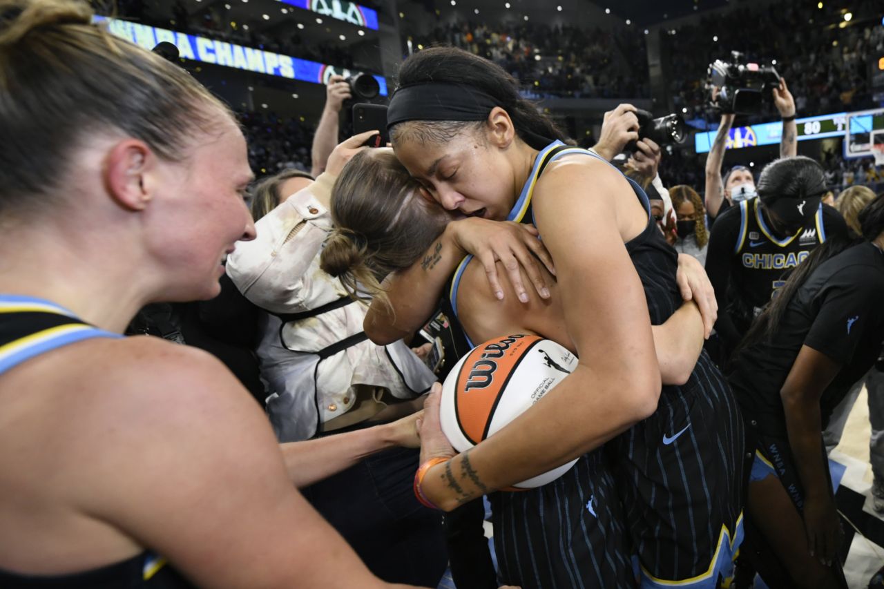 Chicago Sky's Candice Parker and Allie Quigley embrace after defeating the Phoenix Mercury in Game 4 of the WNBA Finals to clinch <a href="https://www.cnn.com/2021/10/17/sport/basketball-wnba-championship-chicago-sky-phoenix-mercury/index.html" target="_blank">their city's first ever WNBA title</a> on Sunday, October 17, in Chicago, Illinois. Quigley led Chicago with 26 points, while Parker added 16 points and 13 rebounds in the championship-clinching victory.