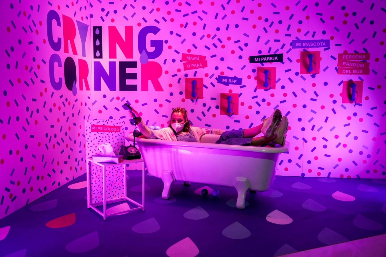 A woman poses for a photo inside a bathtub to raise awareness for mental health in Madrid, Spain, on Sunday, on October 17.