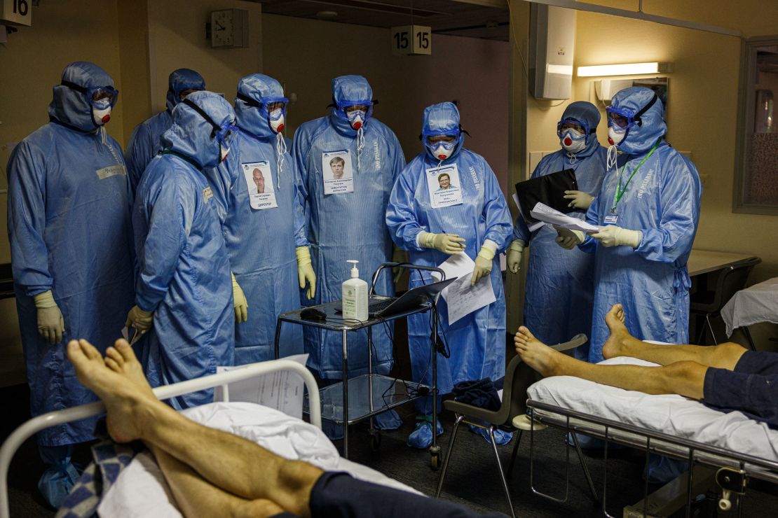 Medics work in the intensive care unit for Covid-19 patients in Moscow's Sklifosovsky emergency hospital on October 20.