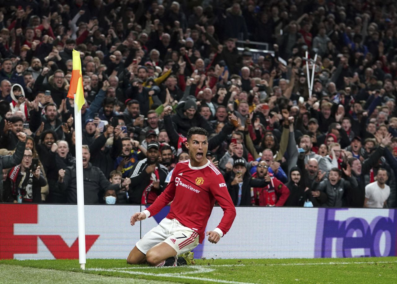 Manchester United's Cristiano Ronaldo celebrates scoring his team's third goal of the game during a Champions League soccer match in Manchester, England, on Wednesday, October 20. <a href="https://www.cnn.com/2021/10/20/football/manchester-united-atalanta-champions-league-spt-intl/index.html" target="_blank">United defeated</a> Atalanta 3-2.