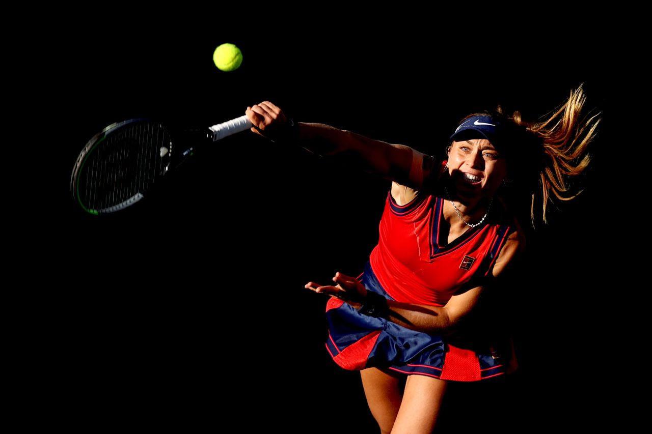 Spain's Paula Badosa serves the ball during the final of the BNP Paribas Open in Indian Wells, California, on Sunday, October 17.