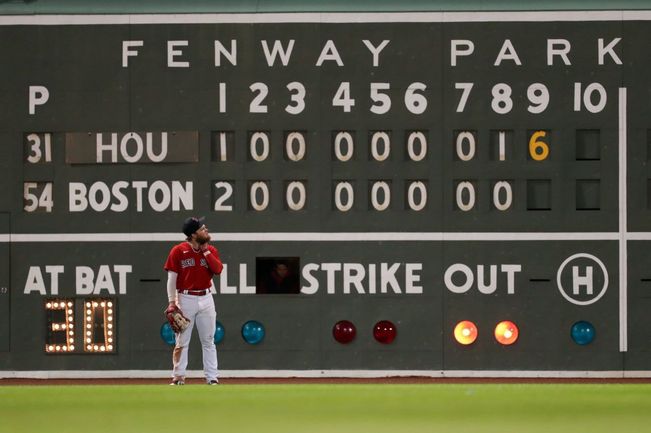The scoreboard at Fenway Park is seen during the ninth inning, when the Houston Astros made six hits and seven runs, during Game 4 of the American League Championship Series in Boston on Tuesday, October 19.
