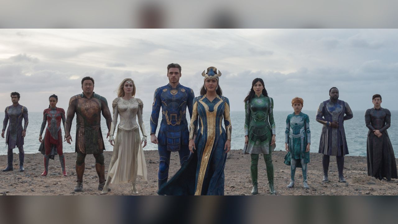 (L-R): Kingo (Kumail Nanjiani), Makkari (Lauren Ridloff), Gilgamesh (Don Lee), Thena (Angelina Jolie), Ikaris (Richard Madden), Ajak (Salma Hayek), Sersi (Gemma Chan), Sprite (Lia McHugh), Phastos (Brian Tyree Henry) and Druig (Barry Keoghan) star in "Eternals."