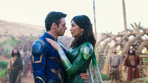 Ikaris (Richard Madden) and Sersi (Gemma Chan) have a superheroic romance in "Eternals." 