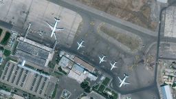 HAMID KARZAI INTERNATIONAL AIRPORT -- AUGUST 16, 2021:  Maxar satellite imagery of the tarmac at Hamid Karzai International Airport in Afghanistan.  Please use: Satellite image (c) 2021 Maxar Technologies.