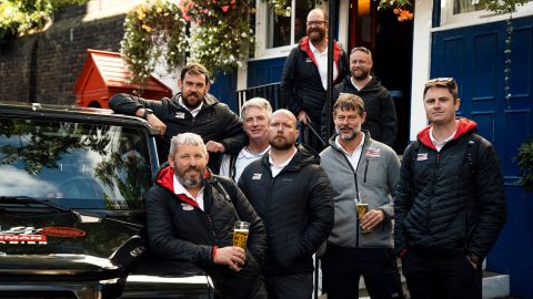 The team of military veterans share a pint of beer in London after finishing their epic trek.