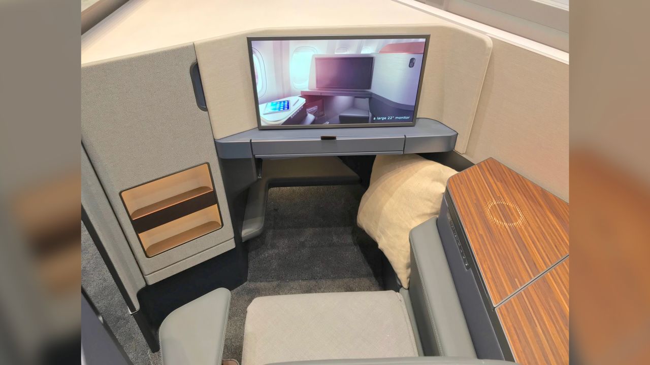 Designers and seatmakers (here the Collins Aerospace Elements seat) can go wild with the space ahead of the first row passenger.
