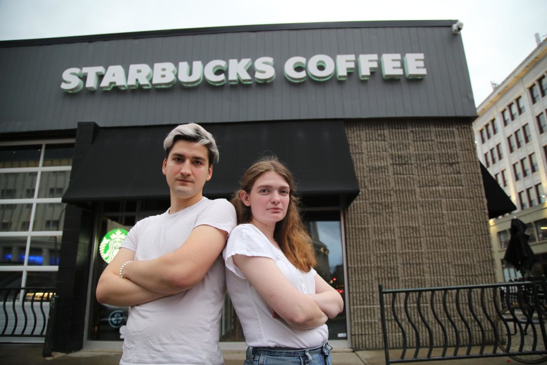 William Westlake, left, and Jaz Brisack, two of the Buffalo, New York, Starbucks employees who are leading the effort to organize stores there. The organizing effort is one a number underway at high profile companies, including Amazon and Dollar General.