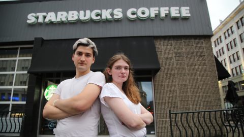 William Westlake, left, and Jaz Brisack, two of the Buffalo, New York, Starbucks employees who are leading the effort to organize stores there. The organizing effort is one a number underway at high profile companies, including Amazon and Dollar General.