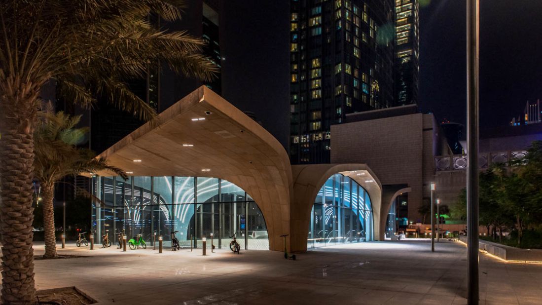 <strong>After dark: </strong>A night view of the entrance of the DECC Doha Metro station between the skyscrapers of Doha's West Bay area (on the Red line).<br />