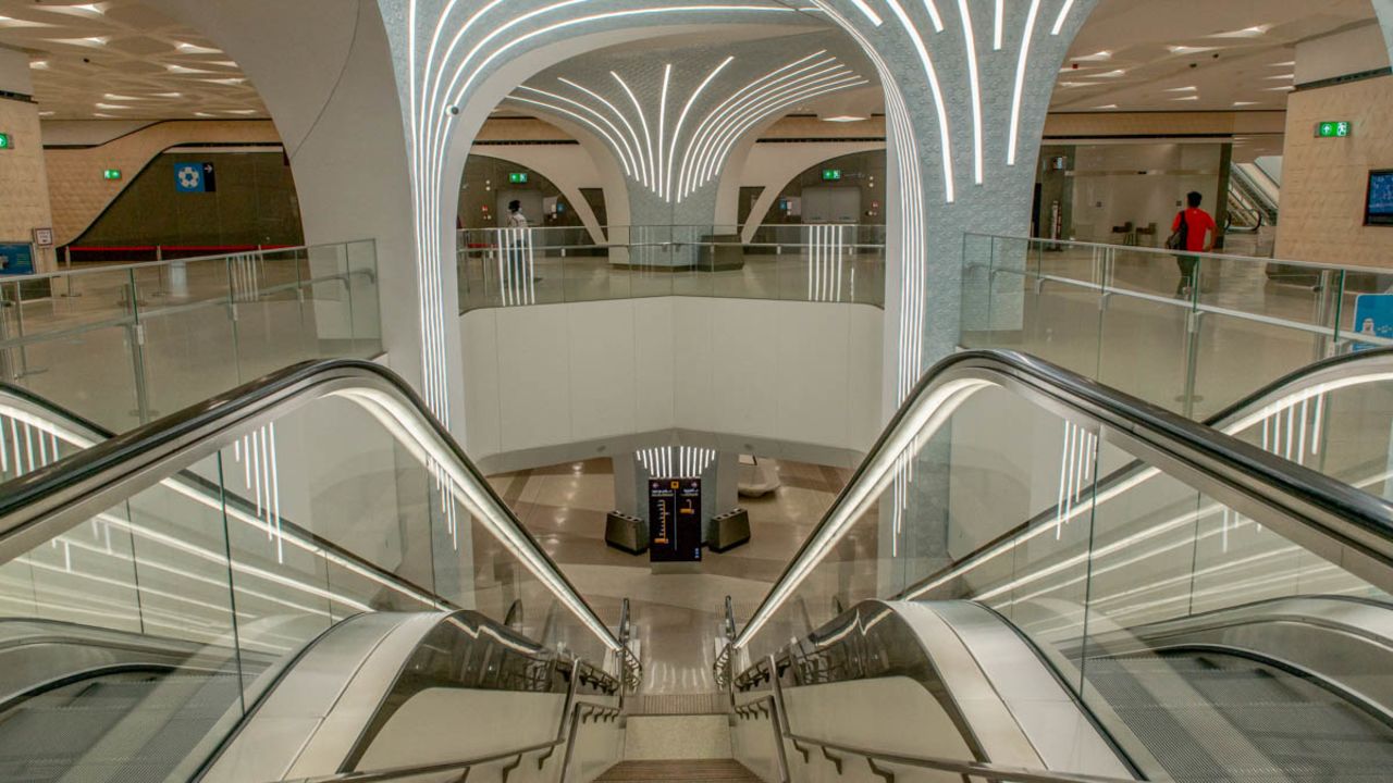 <strong>Book stop: </strong>Curved forms and illumination were key design elements. This image shows the Qatar National Library station on the Green line.