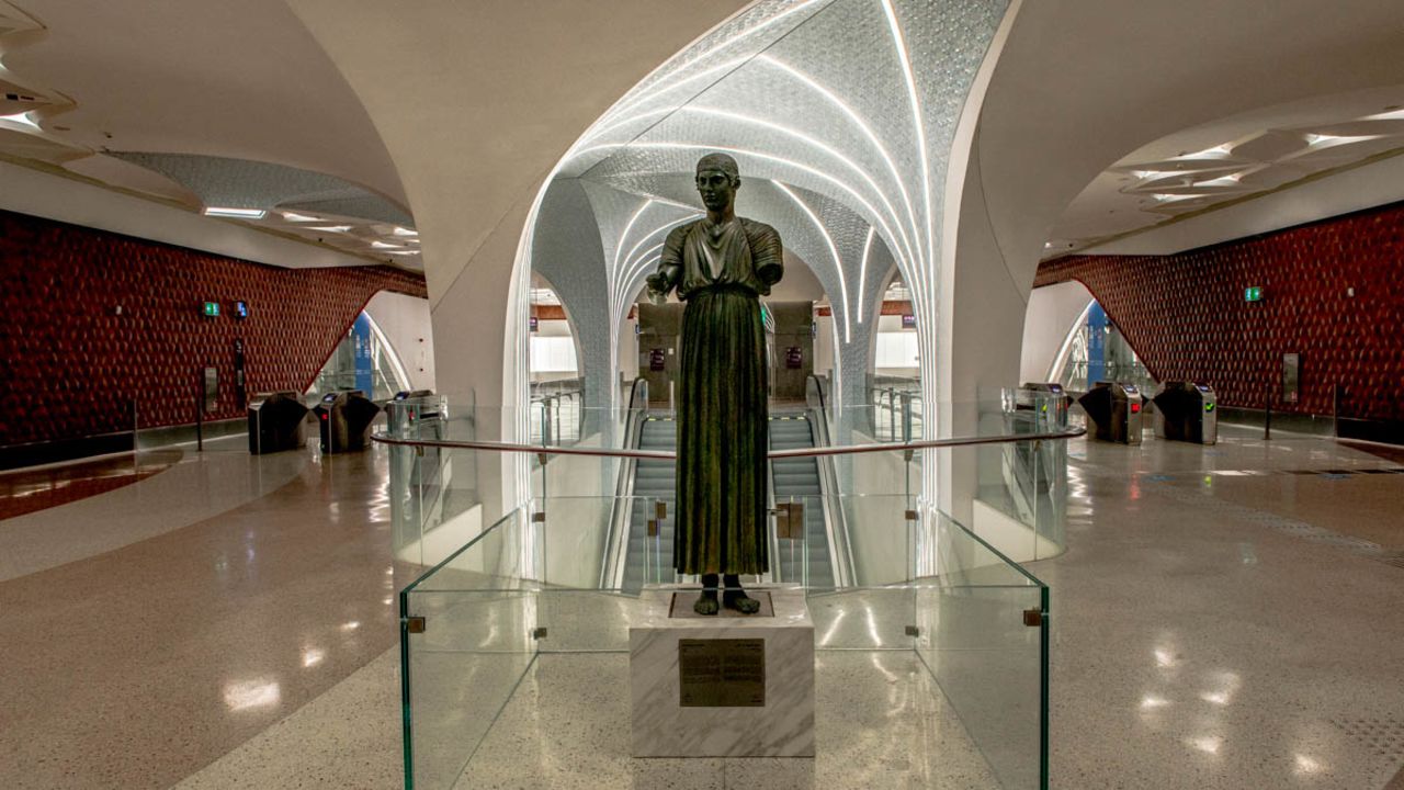 <strong>Statuesque: </strong>A replica of one of the most famous surviving statues of ancient Greek civilization, the Charioteer of Delphi, stands at in the airport station. The statue was a gift from Greece to Qatar.