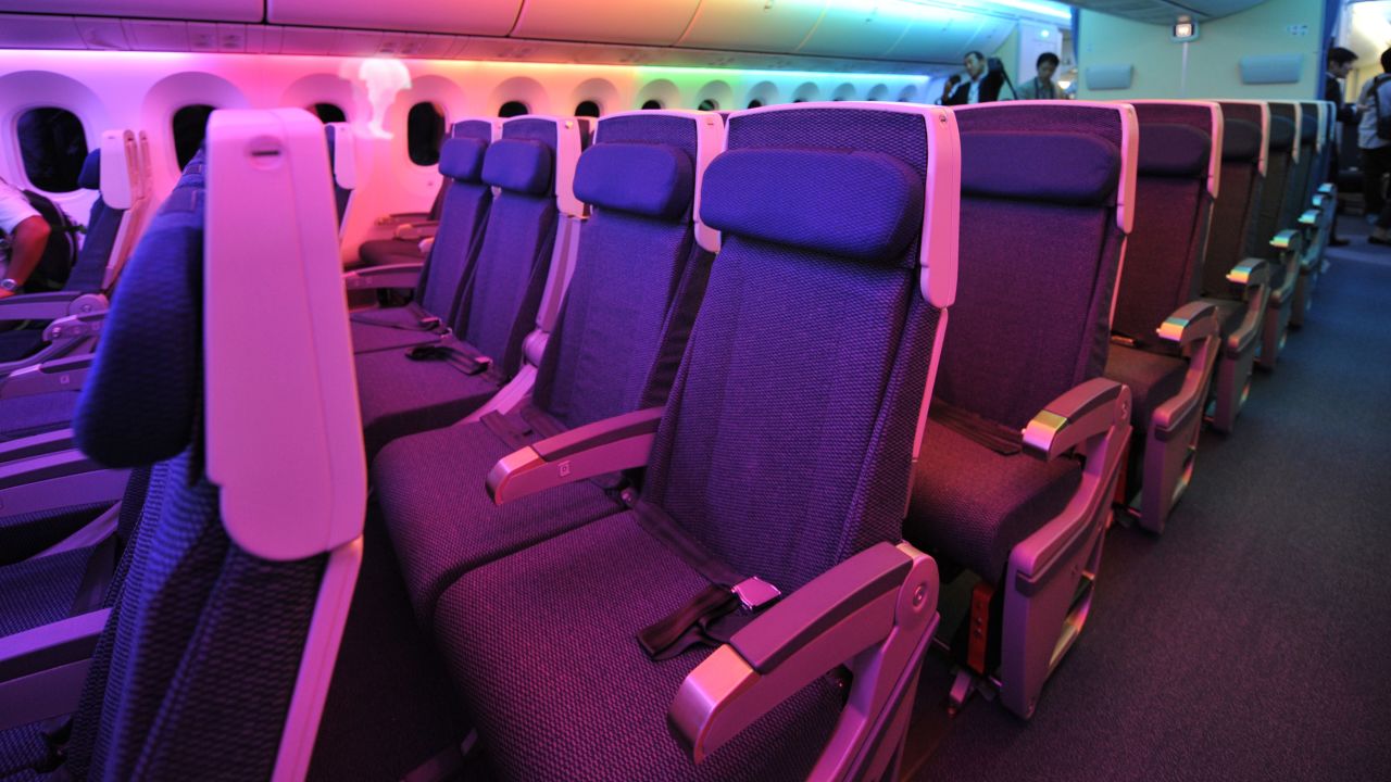 <strong>Economy class: </strong>These are the economy seats -- and fancy cabin lighting -- on board the first ANA 787, which was displayed during the press preview at Haneda airport on September 28, 2011. 