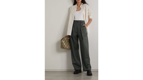 Victoria Beckham Pinstriped Herringbone Wool Wide-Leg Pants