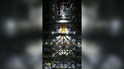 The Orion spacecraft is shown stacked on top of the SLS rocket at Kennedy Space Center on October 21.
