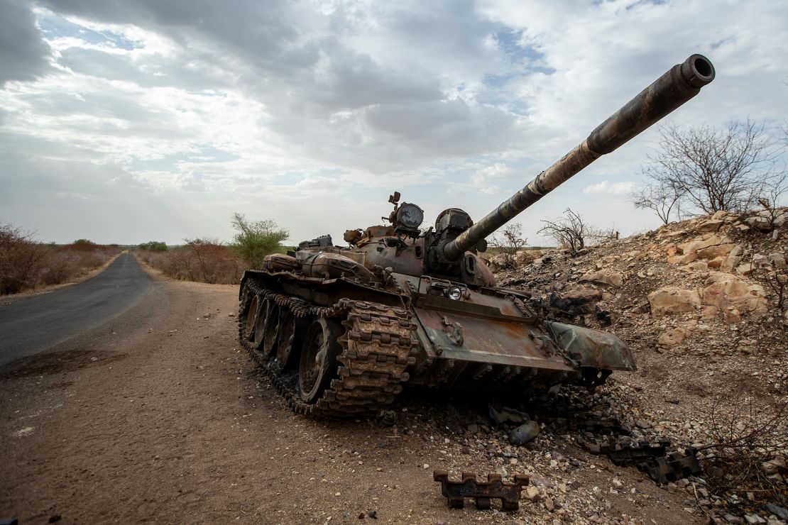 A destroyed tank on a roadside in western Tigray in May.