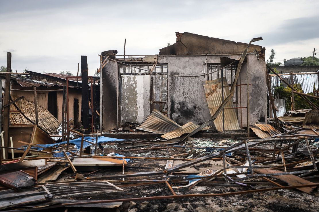 Buldings burned by a mob in Ethiopia's Oromo region during a wave of violence following Hachalu Hundessa's murder last July.