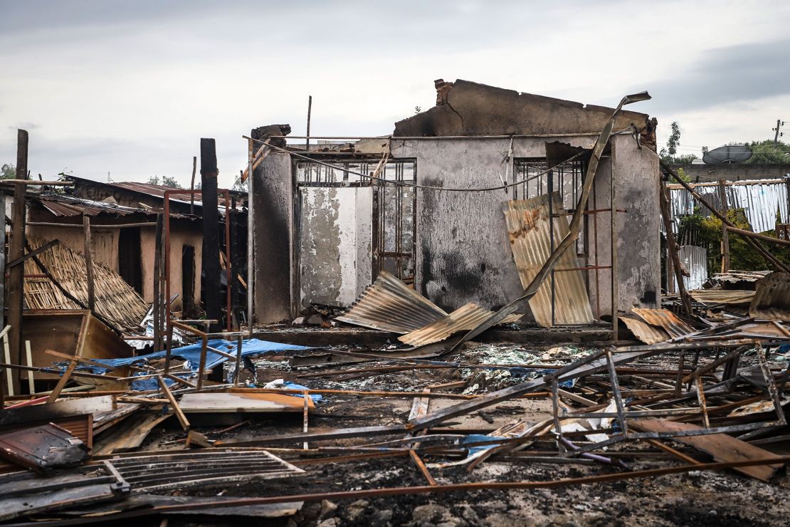 Buldings burned by a mob in Ethiopia's Oromo region during a wave of violence following Hachalu Hundessa's murder last July. 